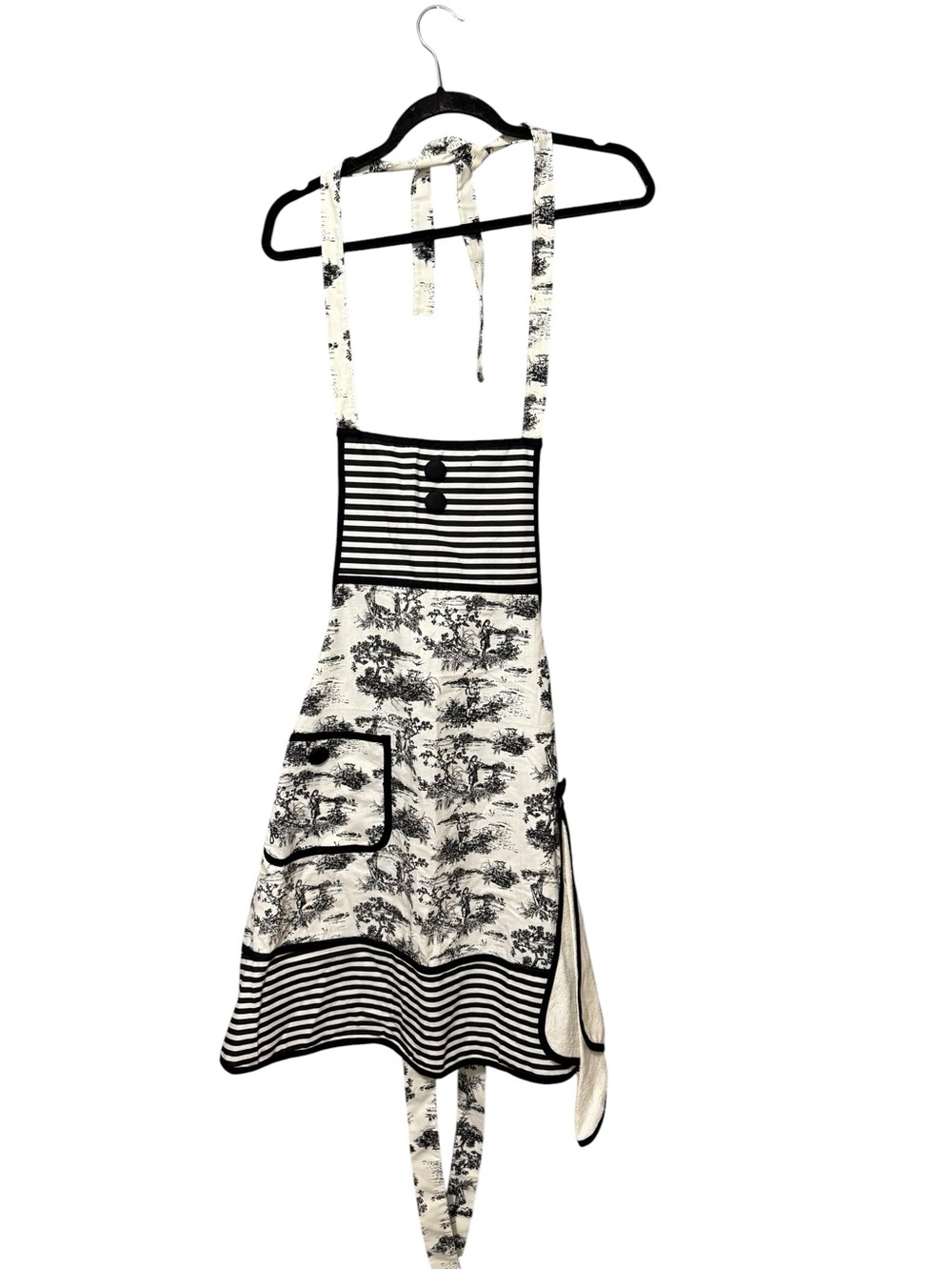 Jessie Steele Toile Stripe Apron With Attached Towel Black White Cotton New